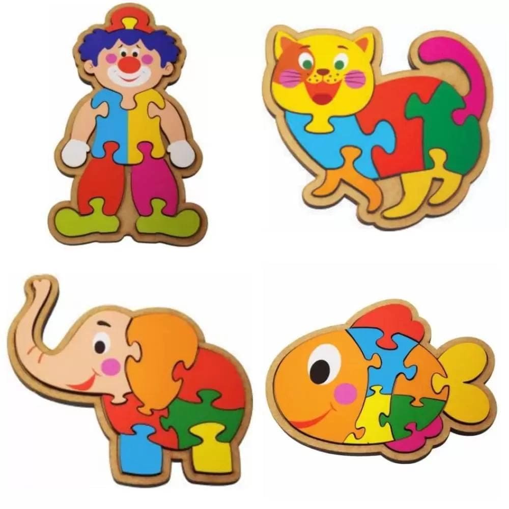 Kit Com 4 Quebra Cabeças Elefante + Palhaço + Gato + Peixe