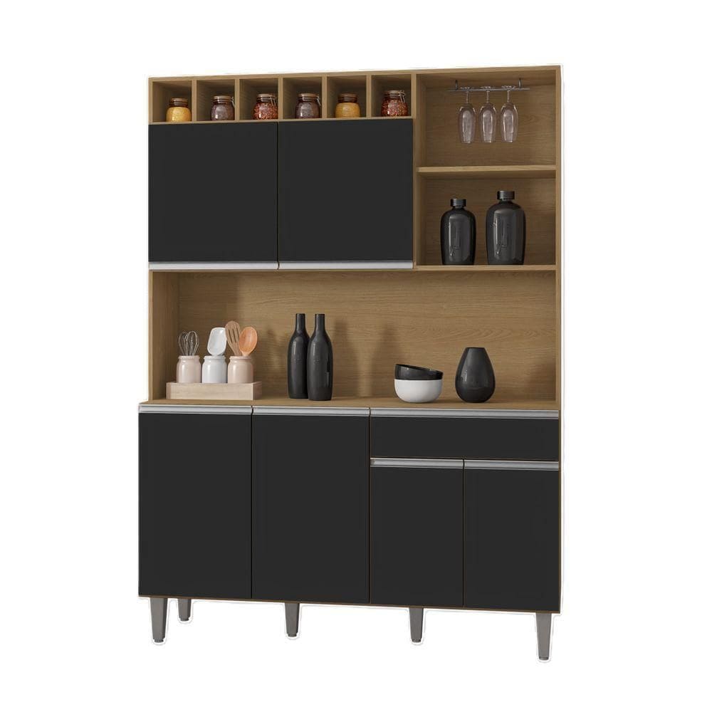 Kit Armario Cozinha 130cm 6 Portas Compacta Alice Amêndoa E Preto Ajl