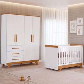 Quarto de Bebê Completo Retro com Guarda Roupa 4 Portas 3 Gavetas e Berço Mini Cama 100% MDF Móveis Peroba