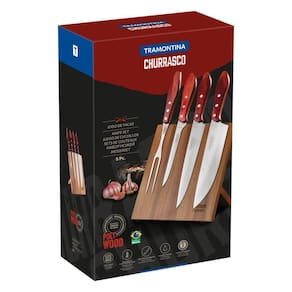 Jogo Para Churrasco Tramontina Com Laminas Em Aço Inox E Cabos Em Madeira Polywood Vermelho 5 Peças