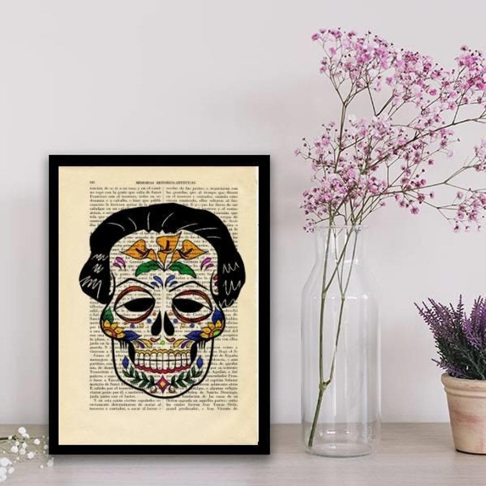 Quadro Caveira Mexicana Masculino 33X24Cm - Madeira Preta