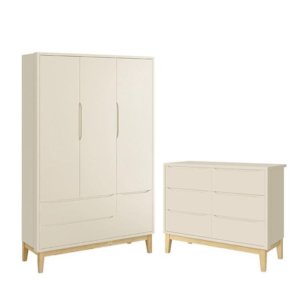 Jogo de Quarto Infantil Classic Guarda Roupa 3 Portas e Cômoda 6 Gavetas com Pés Madeira Natural- Reller Móveis