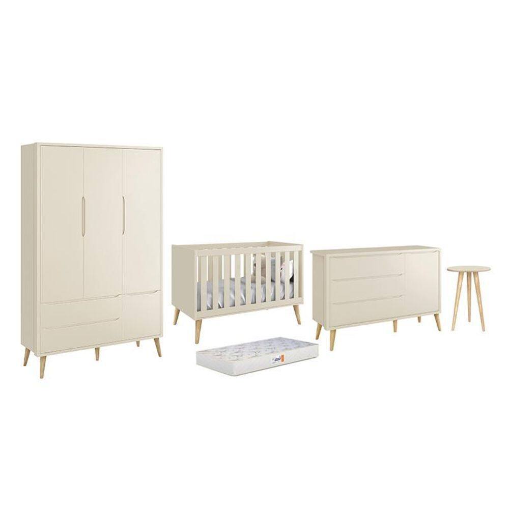 Dormitório Theo 3 Portas, Mesa de Canto com Pés Madeira Natural e Colchão D18 - Reller Móveis