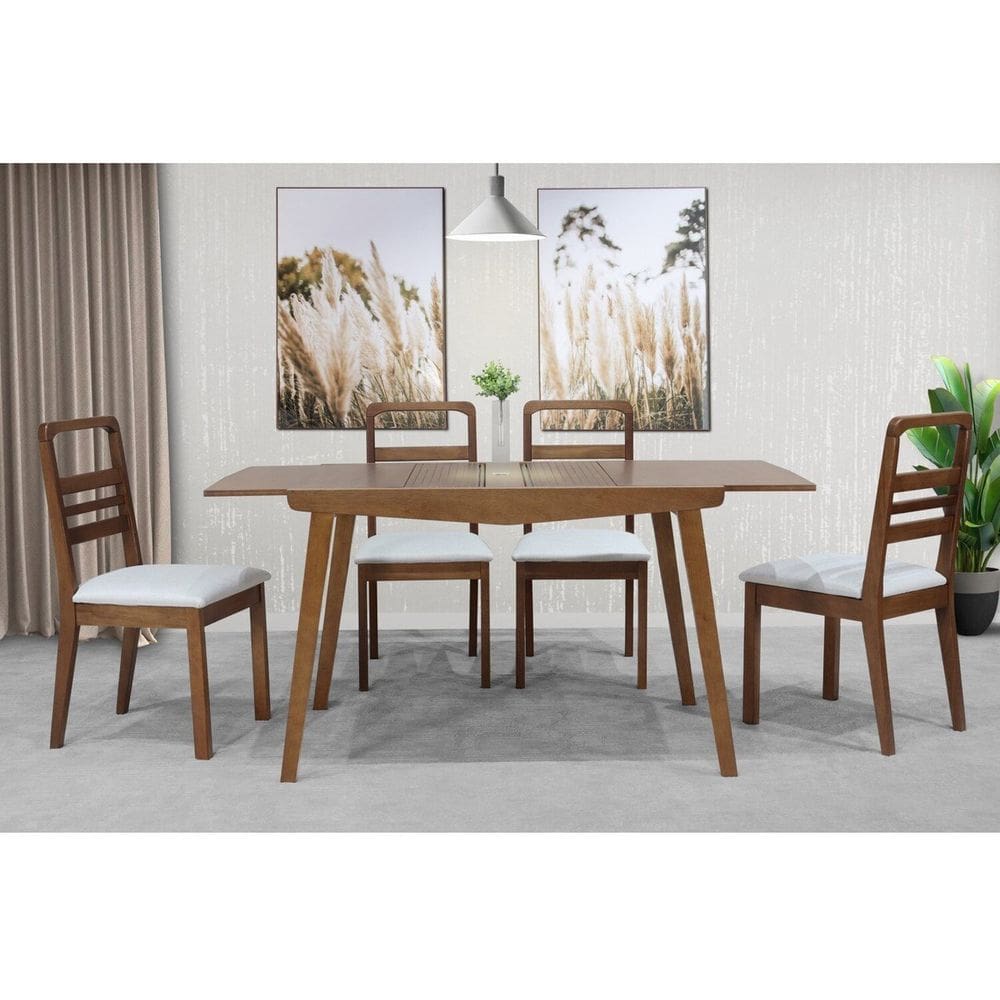 Conjunto Sala de Jantar Mesa Extensível 113x164cm Tampo Madeira 06 Cadeiras Assento Estofado Pinhão