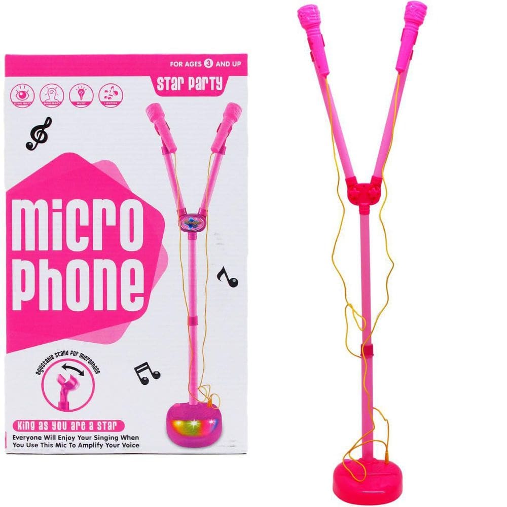 Brinquedo Microfone Pedestal Ajustável Duplo Karaokê Luz