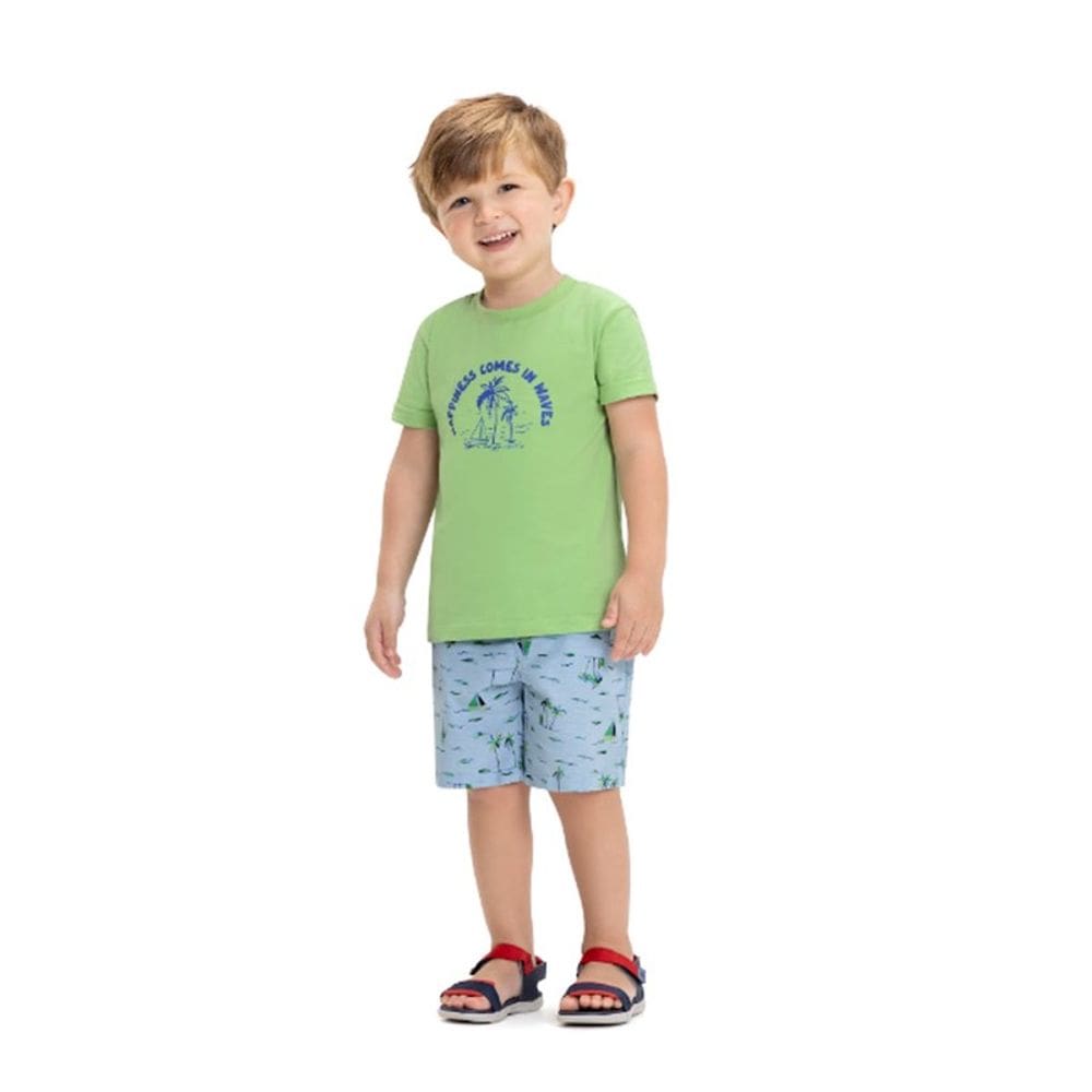 Conjunto camiseta manga curta e bermuda linho estampa coqueiros Have Fun