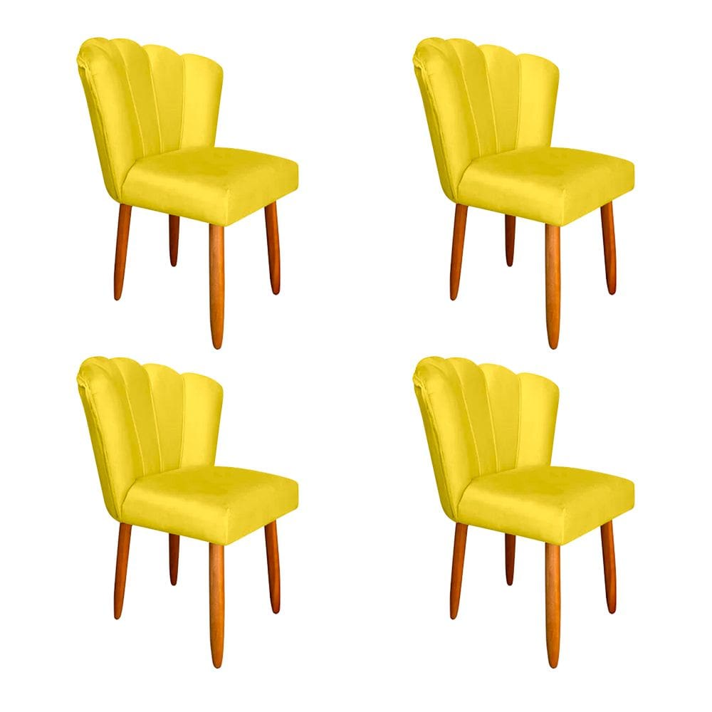 Kit 4 Cadeiras Estofada Petala Pes Palito Veludo Amarelo