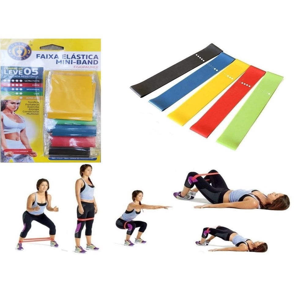 Kit Mini Band Faixa Elástica 5 Intensidade Pilates Funcional