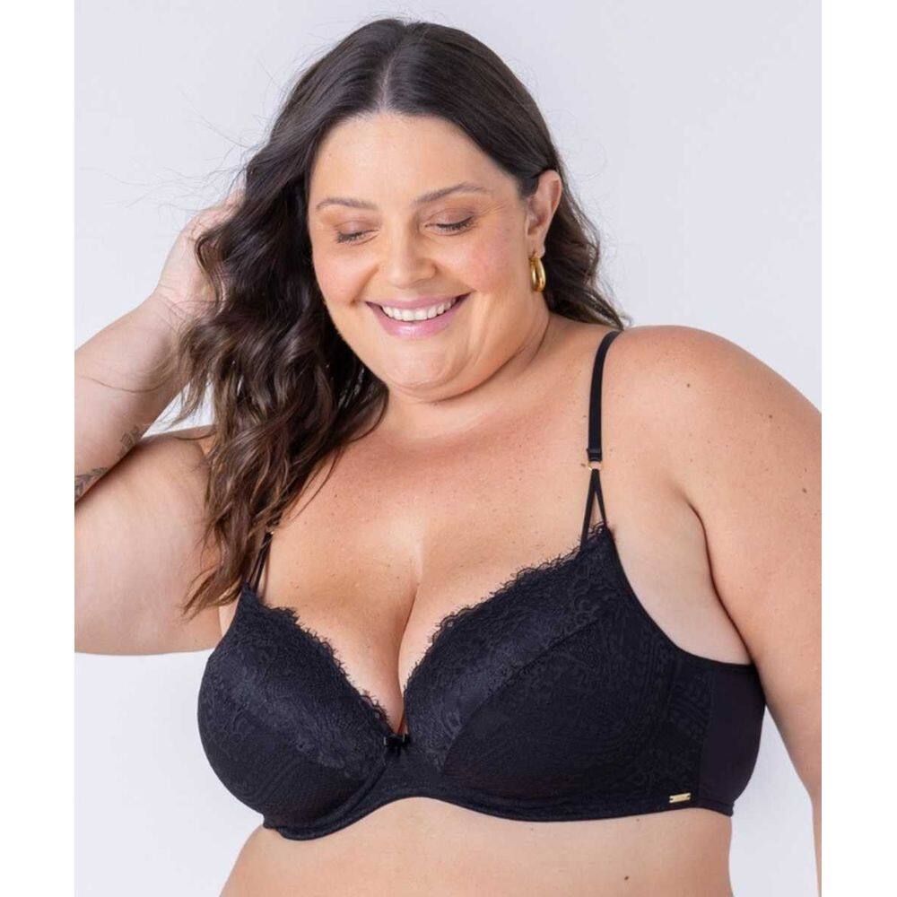 Sutiã Plus de renda e tule com detalhe no decote com tira fina e argolas