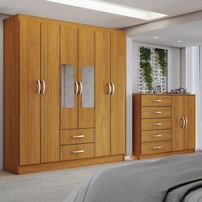 Guarda-Roupa Casal Gavin 6 Portas 2 Gavetas e Espelho com Cômoda 2 Portas 5 Gavetas Cinamomo - Panorama Móveis