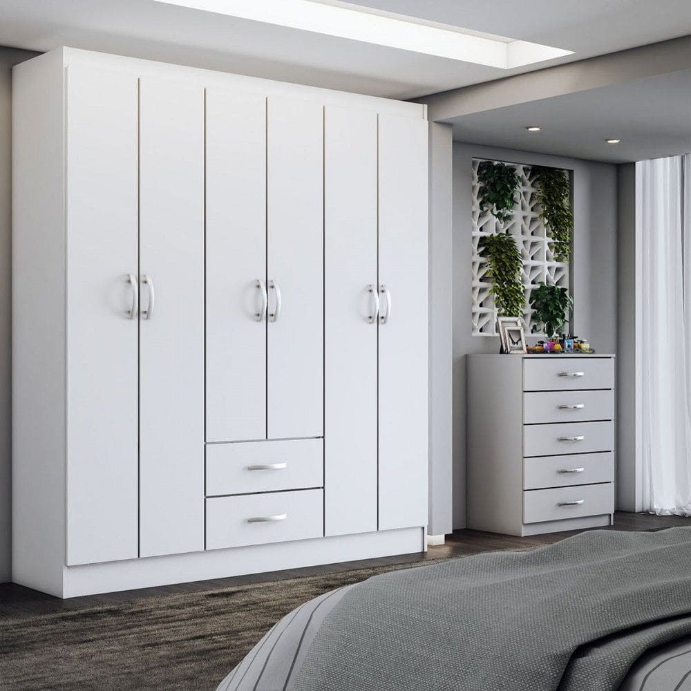 Guarda-Roupa Casal Caleb 6 Portas 2 Gavetas com Cômoda 5 Gavetas Branco - Panorama Móveis