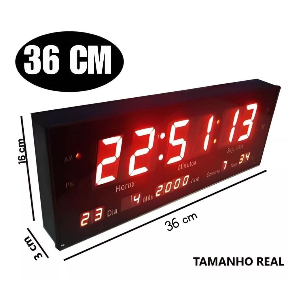 Relógio Parede Mesa Painel Led Digital Bivolt Vermelho 36cm
