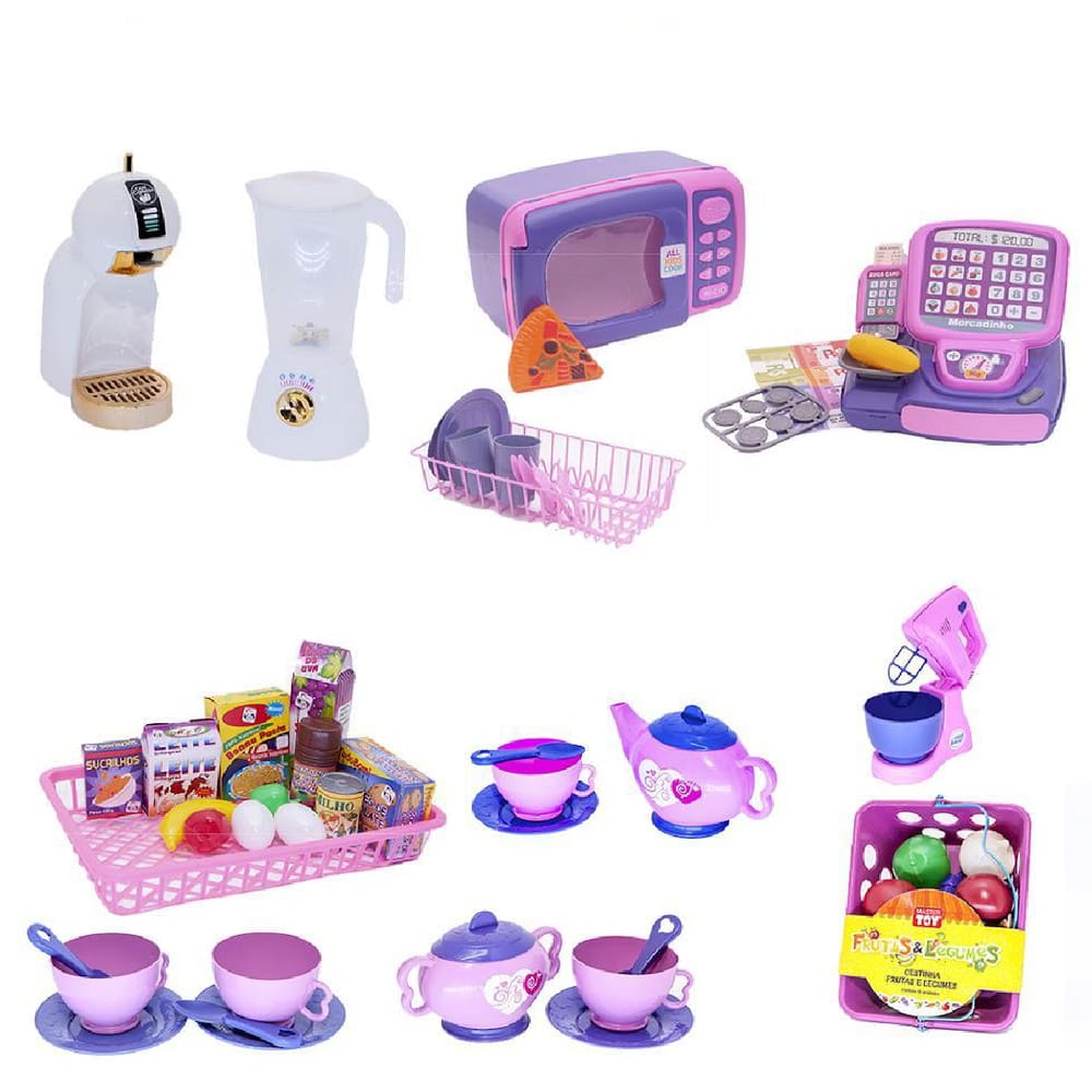 Kit Café Infantil Registradora Batedeira Microondas 67 Peças