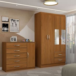 Guarda-Roupa Solteiro Noah 4 Portas 2 Gavetas com Cômoda 1 Porta 5 Gavetas Cinamomo - Panorama Móveis