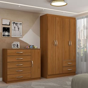 Guarda-Roupa Solteiro Natalie 4 Portas 2 Gavetas com Cômoda 1 Porta 5 Gavetas Cinamomo - Panorama Móveis