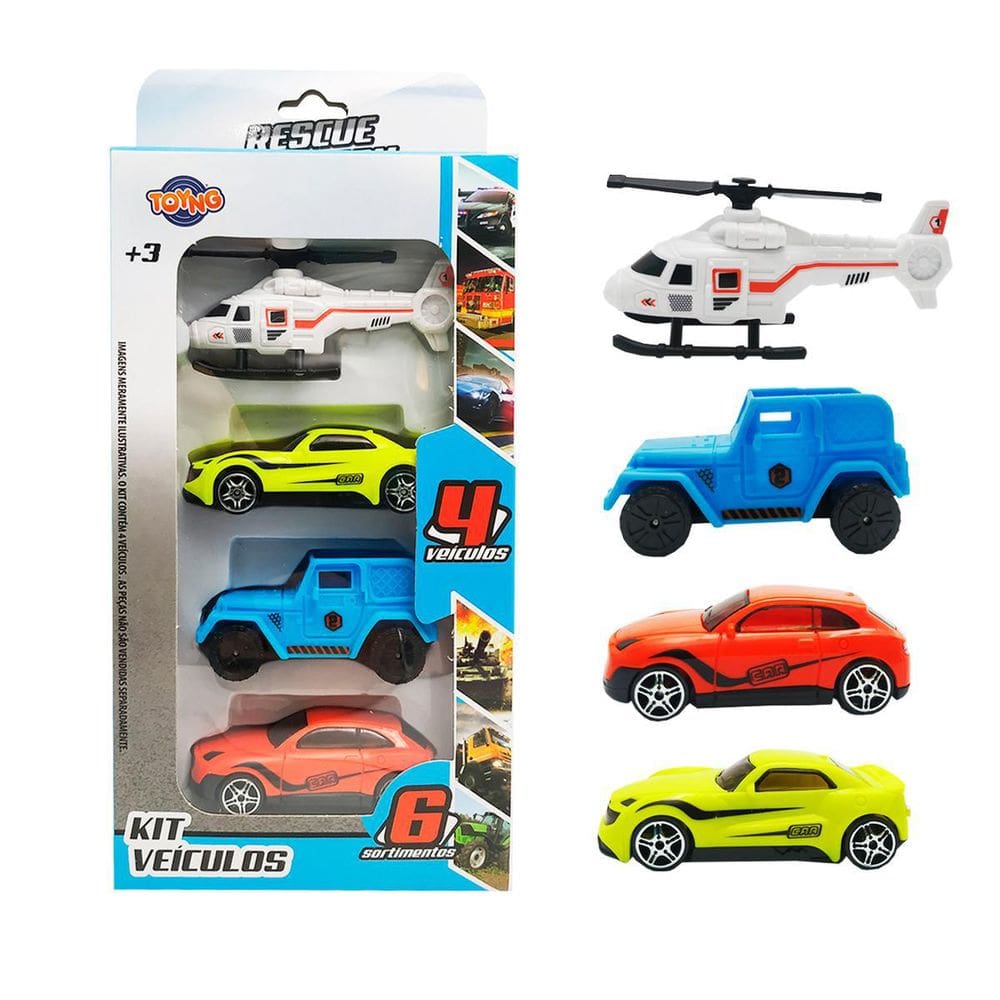 Kit Mini Veículos Carrinhos E Helicóptero 4 Un - Toyng