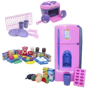 Kit Luxo Cozinha Infantil Mercado Louça Fogão Geladeira 54Pç