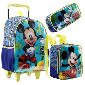 Kit Mochila + Lancheira + Estojo Mickey Mouse Disney Azul 30x40x15 cm