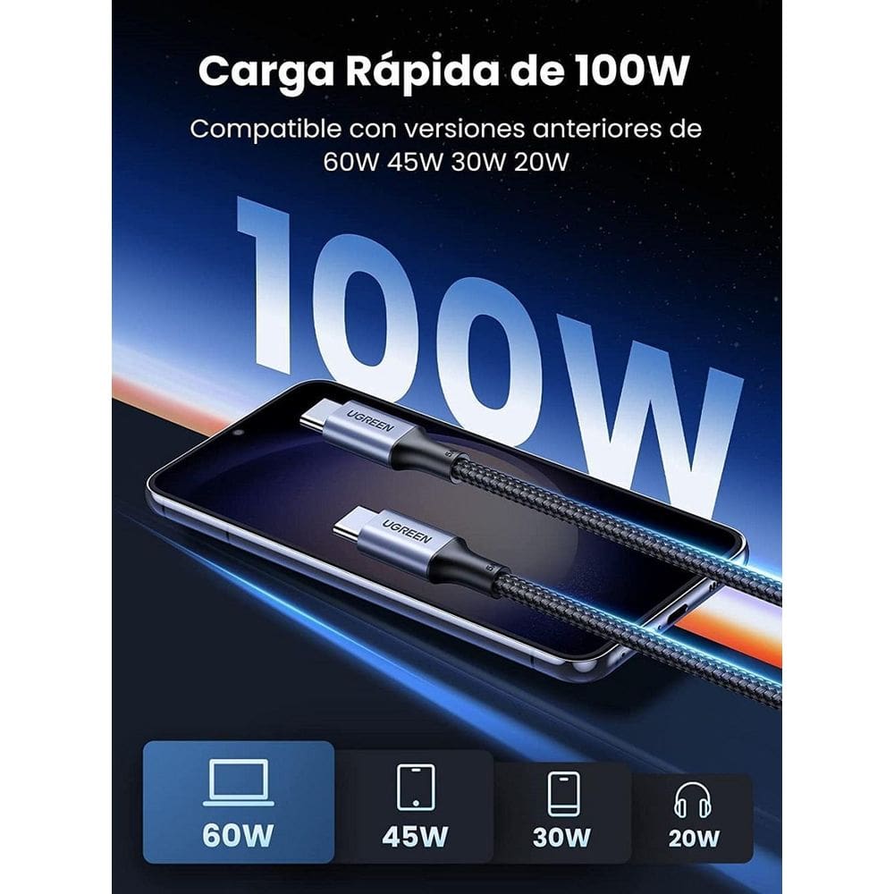 Cabo Usb Type C Ugreen Pd 100W 5A Carregamento Rápido 2M