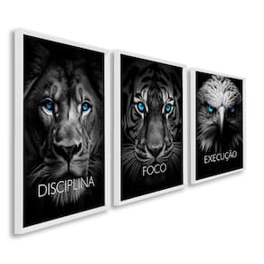 Quadro Decorativo Disciplina Foco Execução 60x90cm Leão Tigre Águia para Sala, Escritório, Hall Branco