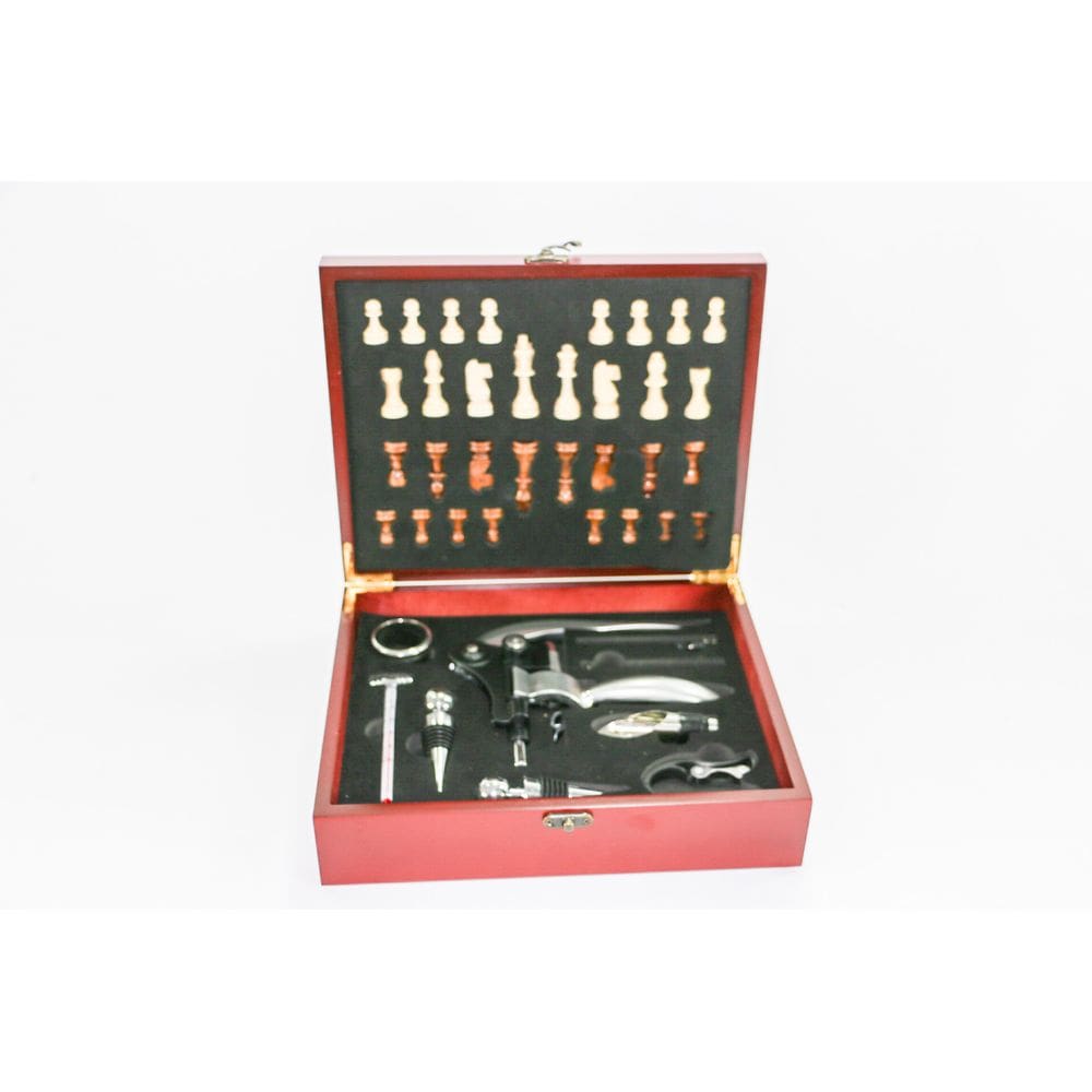 Kit Acessórios para Vinho 9 Peças Inox Caixa com Jogo Xadrez