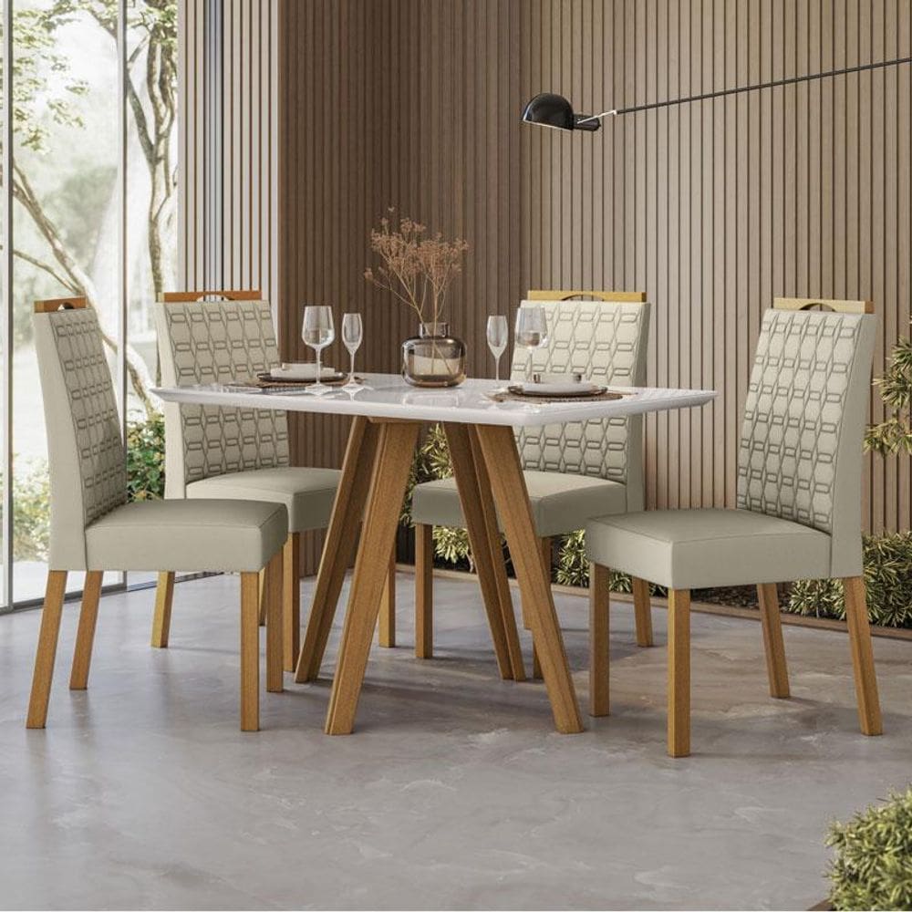 Mesa de Jantar Ambiente Mariah 120x80 cm com Vidro Ype Off White e 4 Cadeiras Mariana Veludo Nude - New Ceval