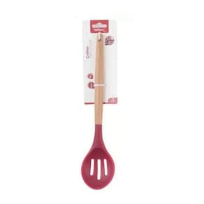 Colher Vazada De Silicone Vermelho Cabo Madeira 32 Cm - Well