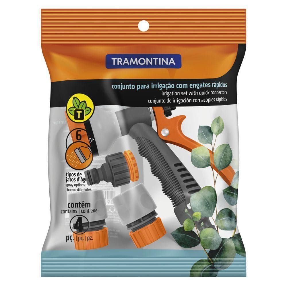 Conjunto Para Irrigação Tramontina Com Engates Rapidos E Hidropistola 4 Peças