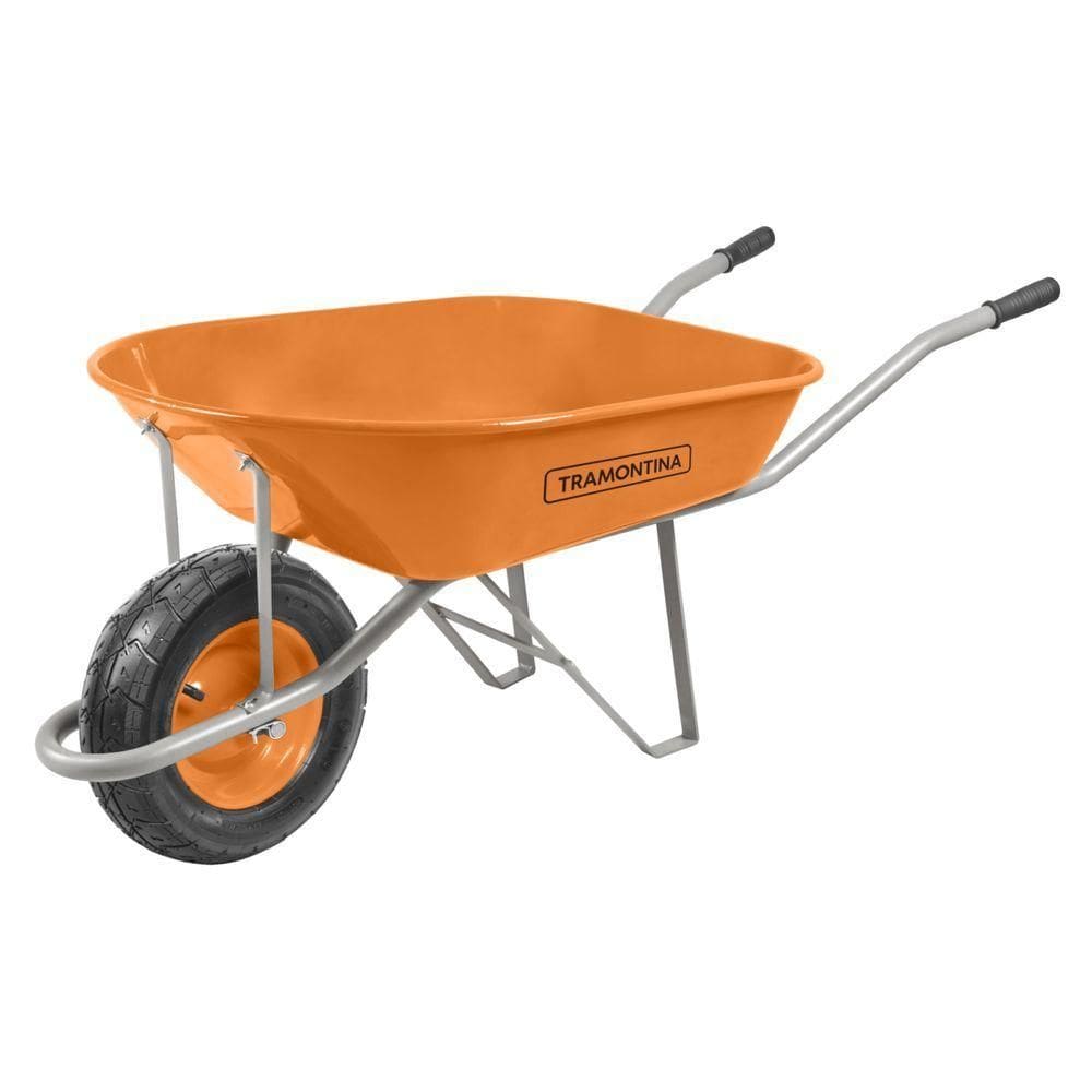 Carrinho De Mão Tramontina Caçamba Extrafunda Metalica Laranja 80 L Braço Metalico E Pneu Com Camara