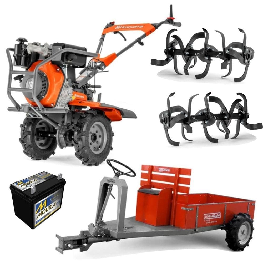 Motocultivador Diesel Husqvarna TF545DE e Carreta 4x4 Com Direção