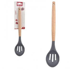 Colher Vazada De Silicone Grafite Cabo Madeira 32 Cm - Well