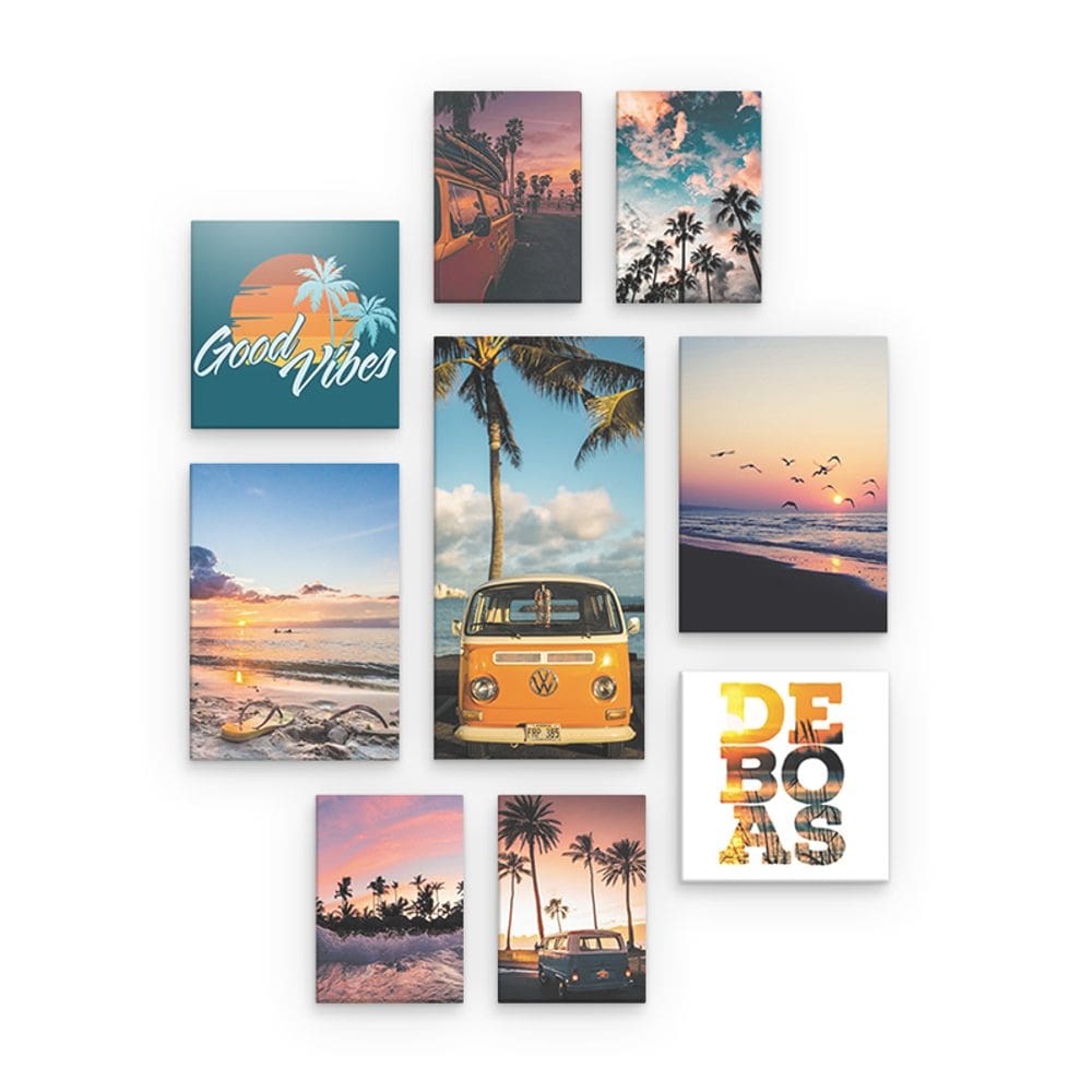 Kit 9 Quadros Decorativos Praia Kombi Good Vibes