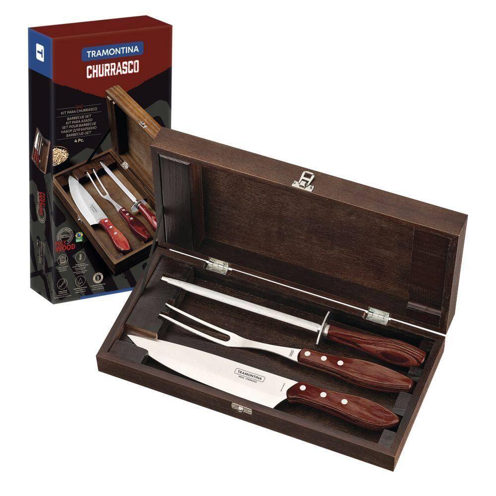 Kit Para Churrasco Tramontina Em Aço Inox Cabo Vermelho Polywood Com Estojo De Madeira 4 Peças