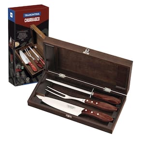 Kit Para Churrasco Tramontina Em Aço Inox Cabo Vermelho Polywood Com Estojo De Madeira 4 Peças