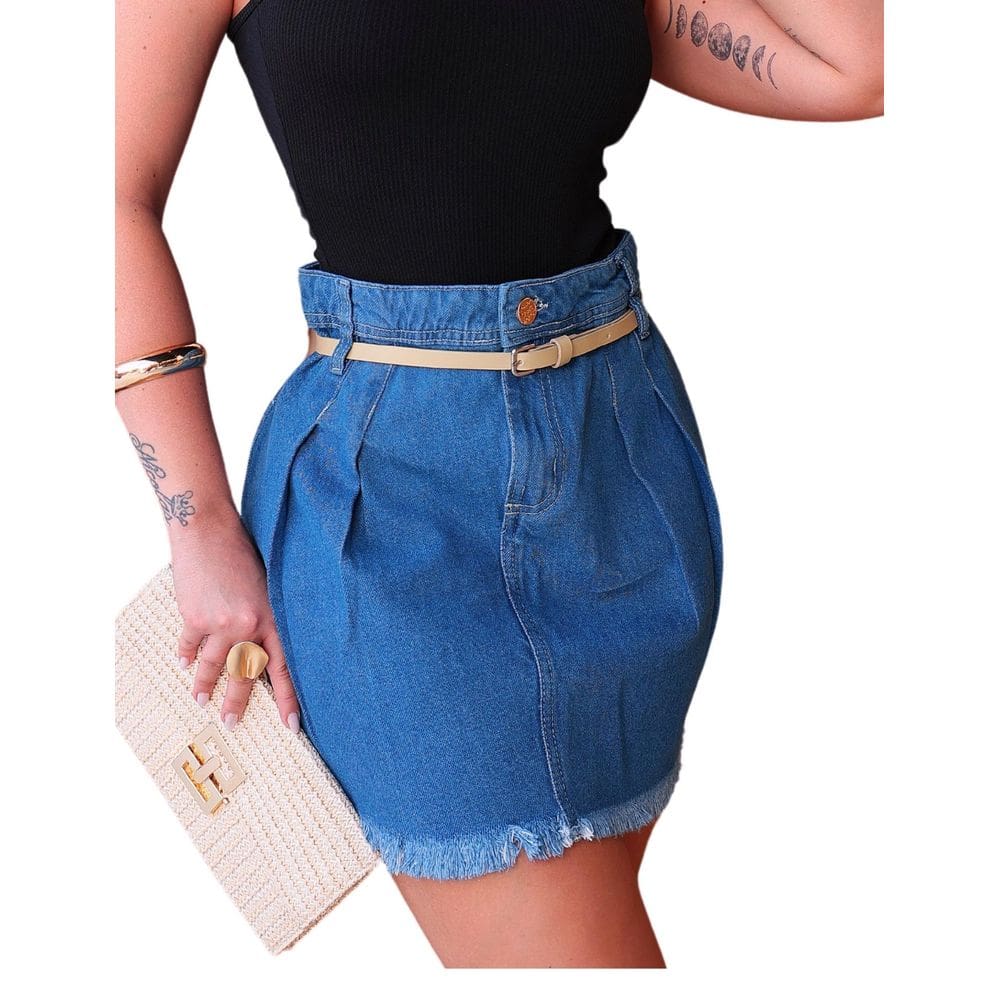 Saia Jeans Com Pregas na Frente e Cinto Moda de Verão