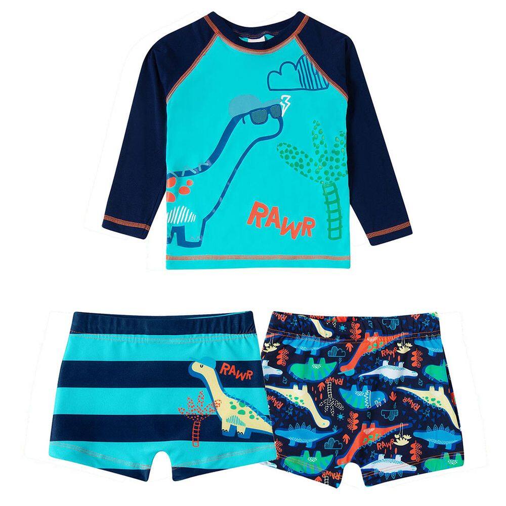 Conjunto Praia Infantil Camiseta e 2 Sungas Dino Azul Escuro Tip Top