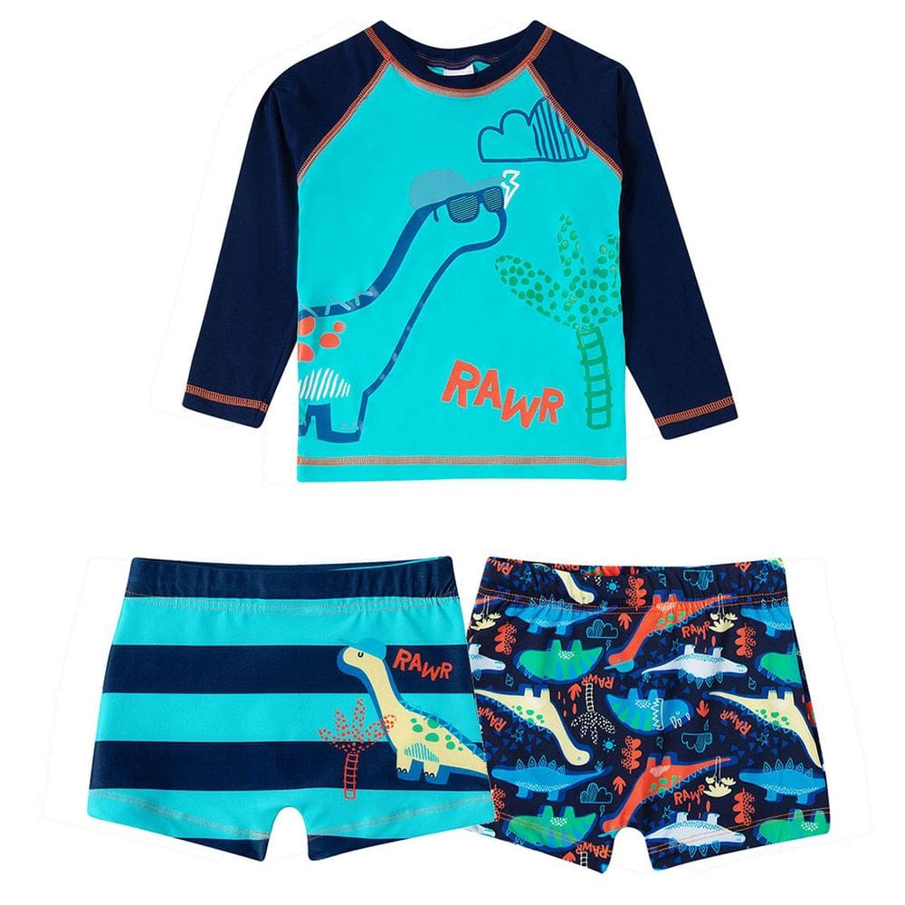 Conjunto Praia Infantil Camiseta e 2 Sungas Dino Azul Escuro Tip Top