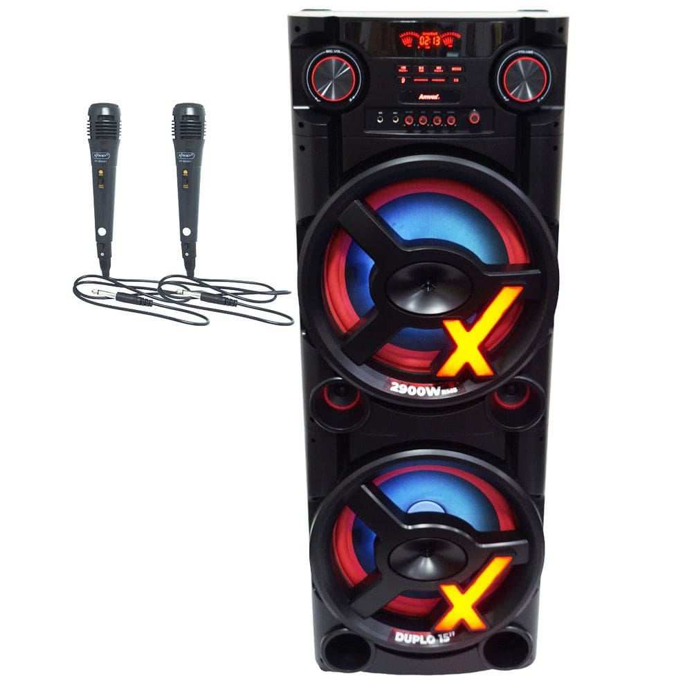 Caixa Som Amplificada Bluetooth 2900W Rms Woofer 15´´ Usb Led Bivolt 2 Microfones Amvox Aca 2900 New