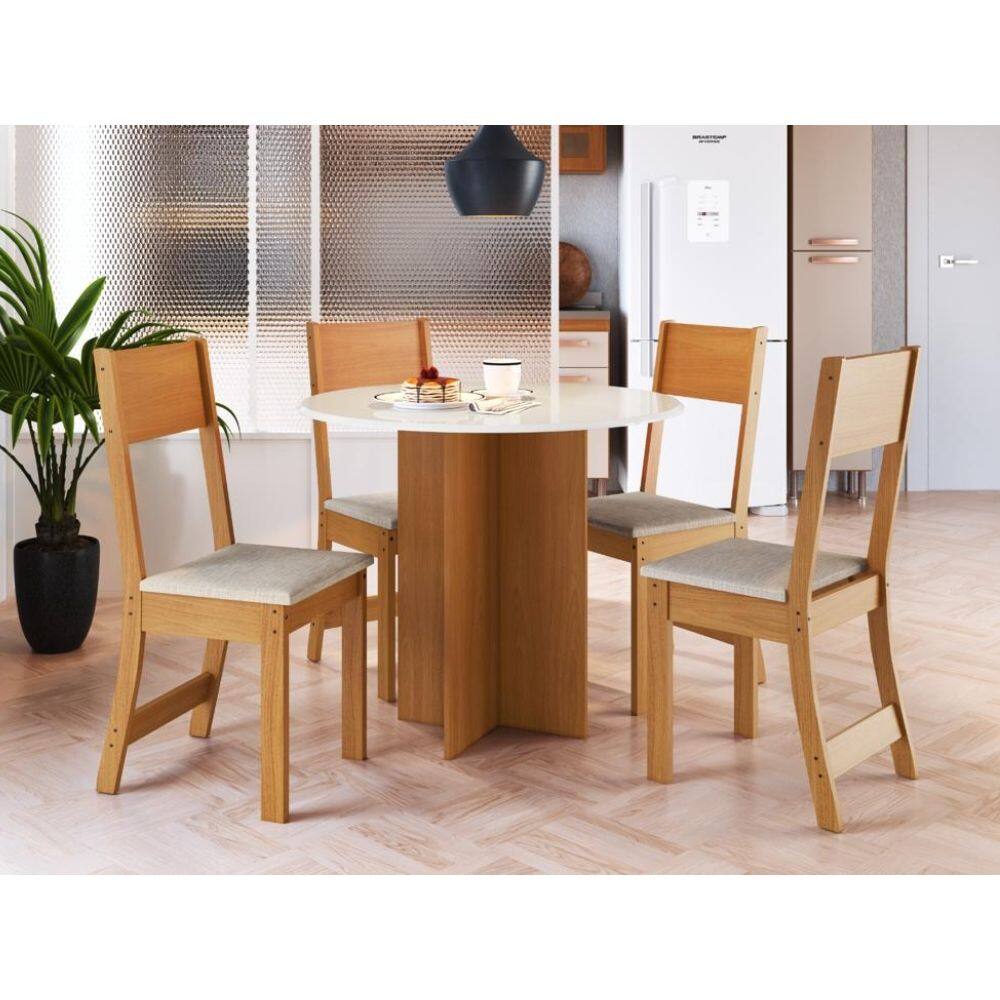 Mesa de Jantar Com 4 Cadeiras Linho 0.90x090 Circular / Alice– Freijó/Off White