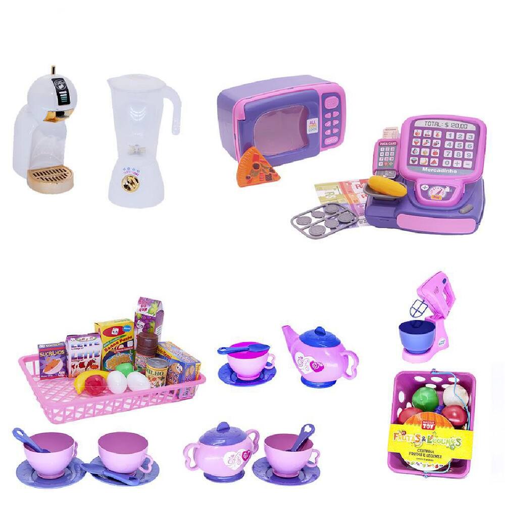 Kit Café Infantil Registradora Batedeira Microondas 58 Peças