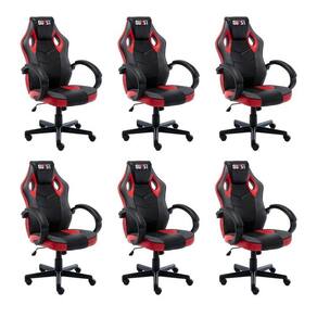 Kit 6 Cadeiras Gamer Giratória Regulavel Quest Preto/Vermelho