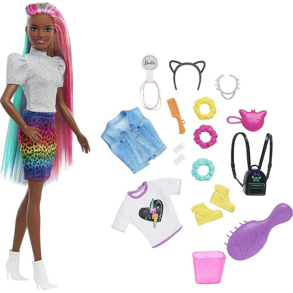 Boneca Barbie Leopard Rainbow Hair - Mattel - 16 Peças