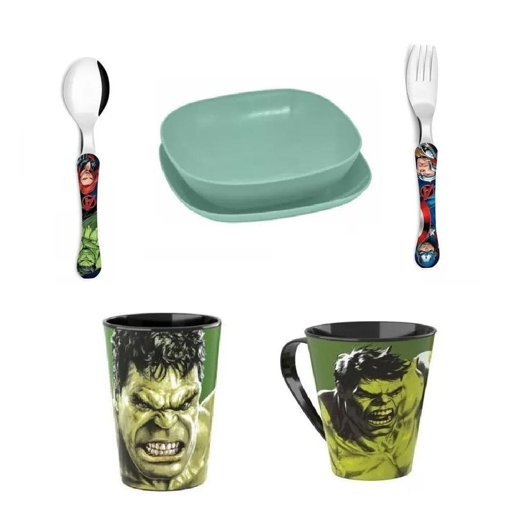 Conjunto Hulk Faqueiro 2 Peças Avengers Copo Caneca Pratos