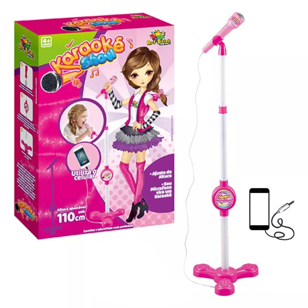 Microfone Karaokê com Pedestal Menina Use no Celular Cantar Criança