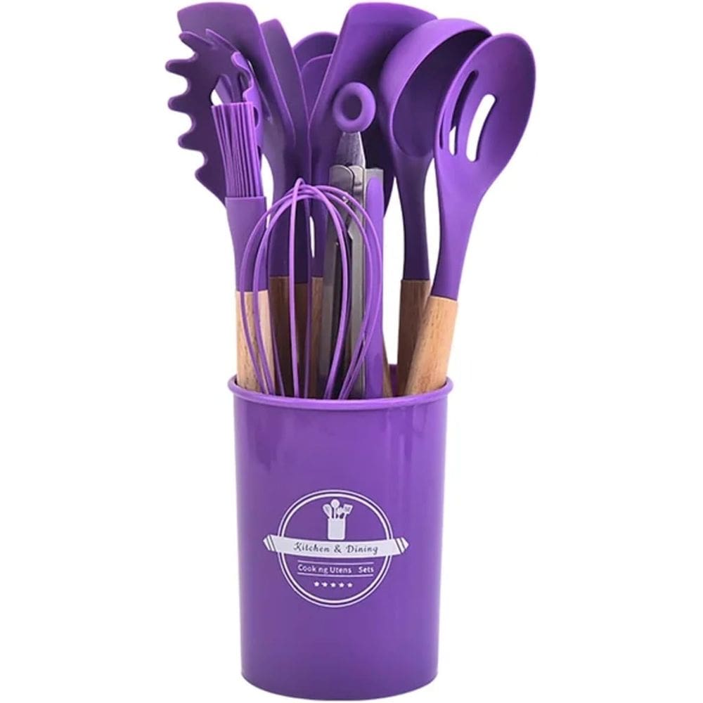 Kit Utensílios de Cozinha em Silicone Jogo com 12 Peças Conjunto de Utensilios Para Cozinha Silicone Cabo de Madeira