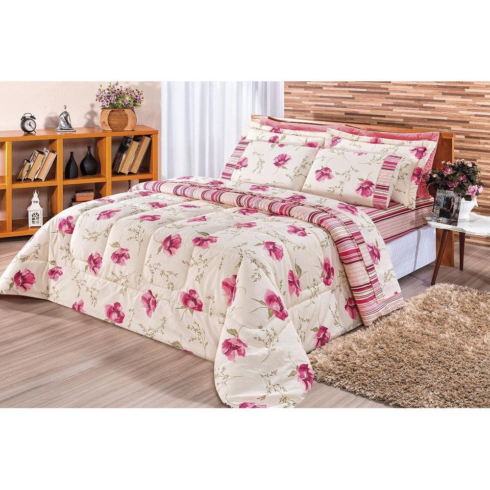 Kit Edredom Requinte Queen 3 Peças Percal Floral Rosê