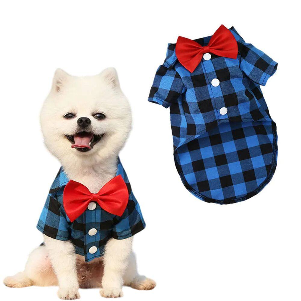 Camisa Xadrez C/ Gravata Roupa Pet Cachorro Gato Azul