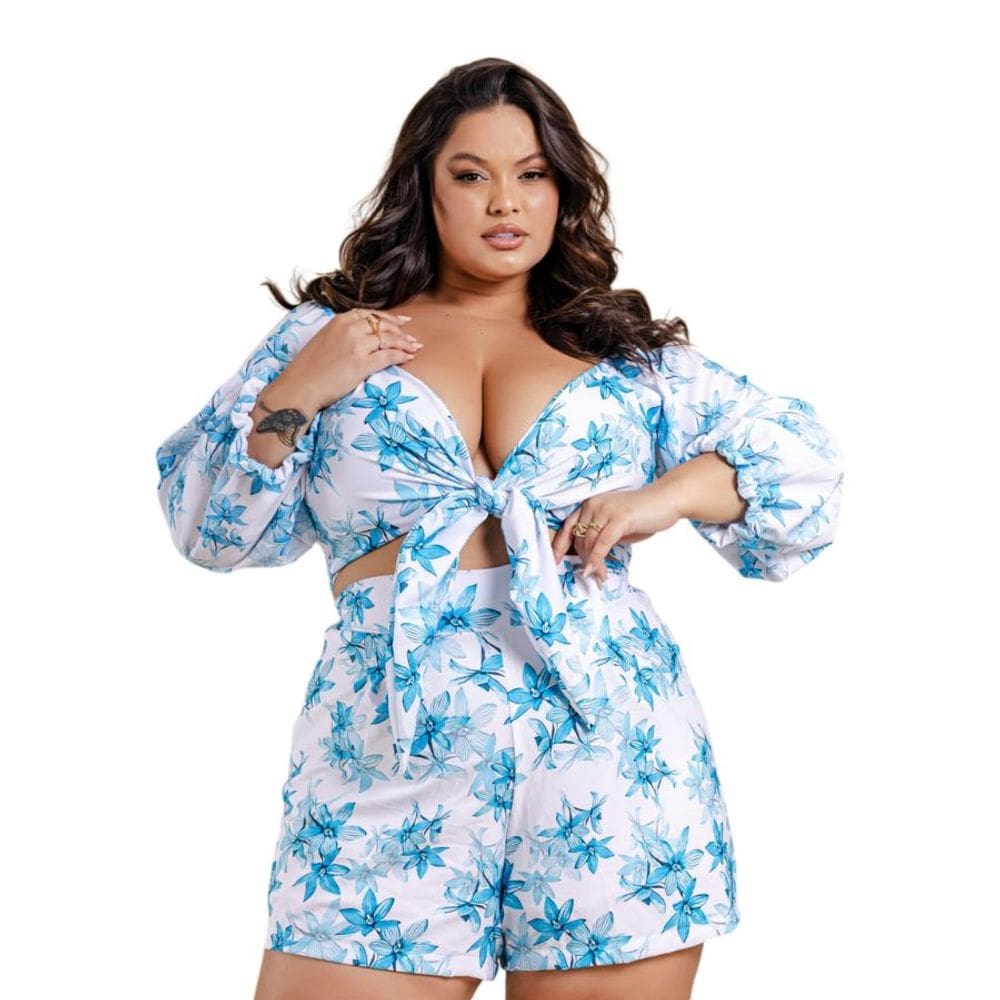 Conjunto Plus Size Estampado Croped Manga Longa + Short 0567