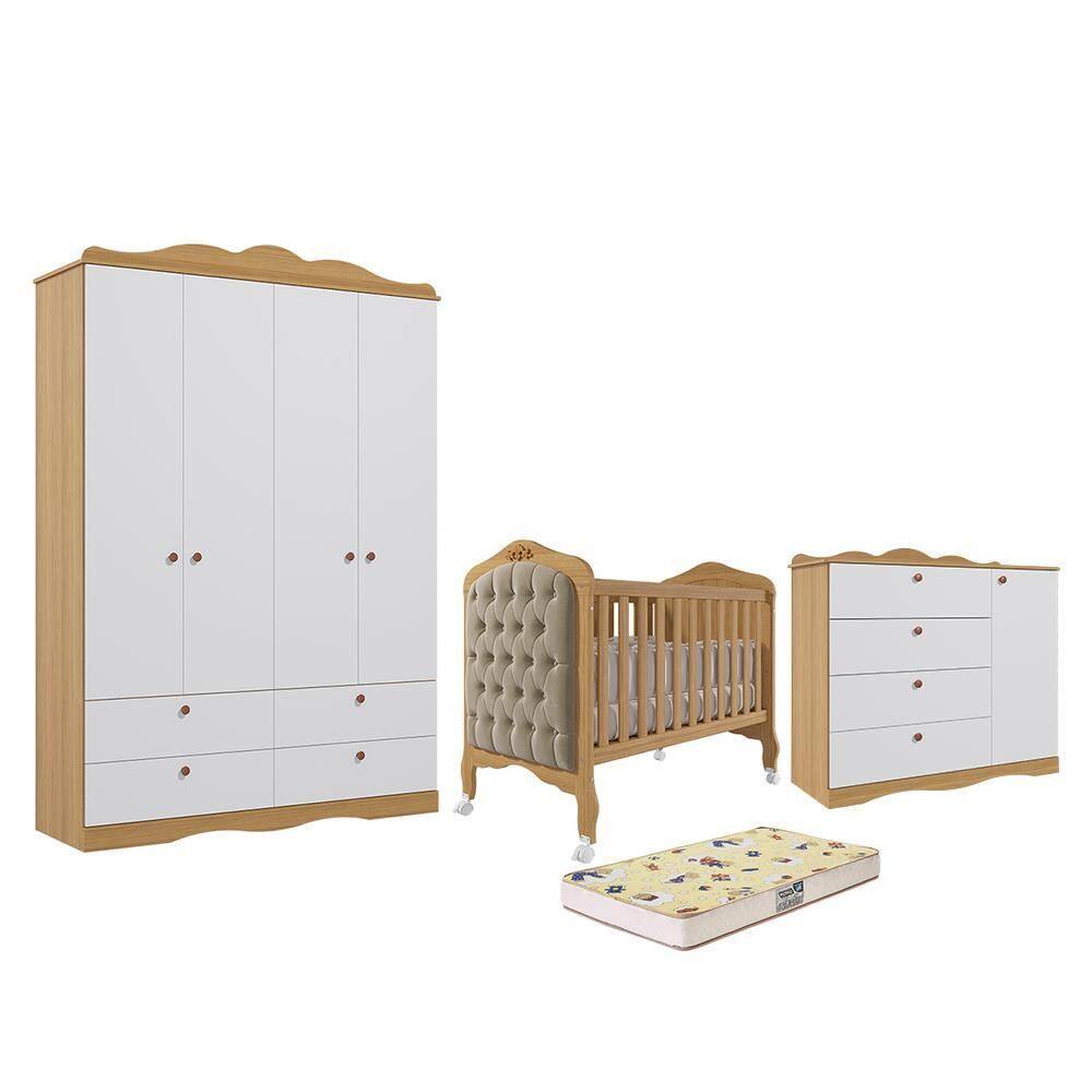 Dormitório Encanto Guarda Roupa, Cômoda e Berço Harmonia com Capitonê e Colchão Supreme - Permóbili Baby