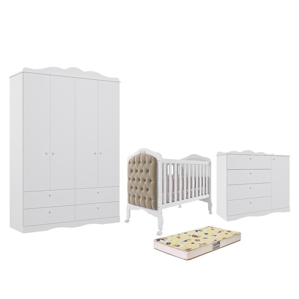 Dormitório Encanto Guarda Roupa, Cômoda e Berço Harmonia com Capitonê e Colchão Supreme - Permóbili Baby